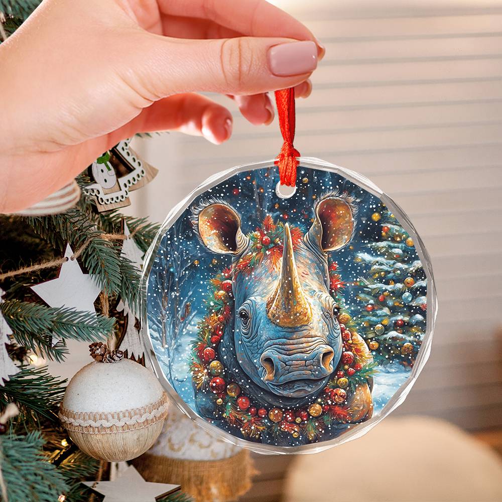 Beautiful Rhino Christmas Night Design 4 Glass Ornament