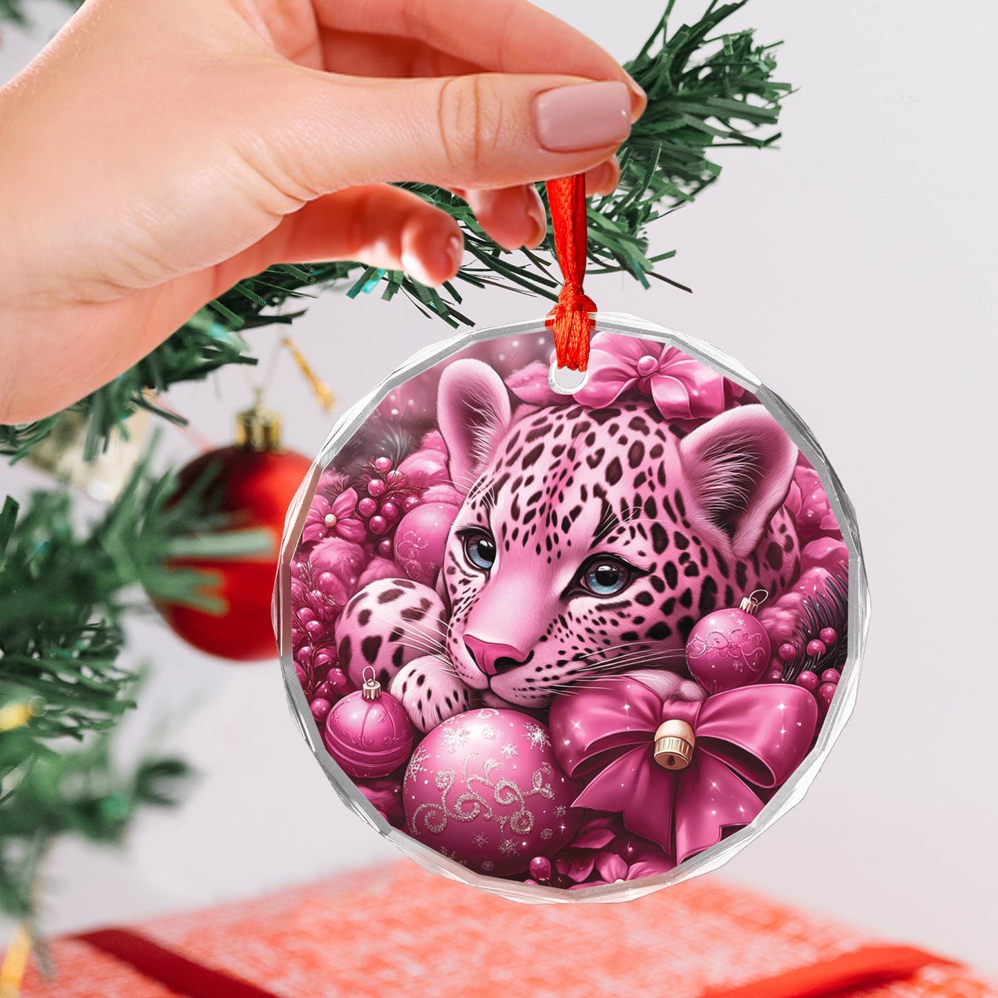 Leopard Pink Christmas Design 3 Glass Ornament