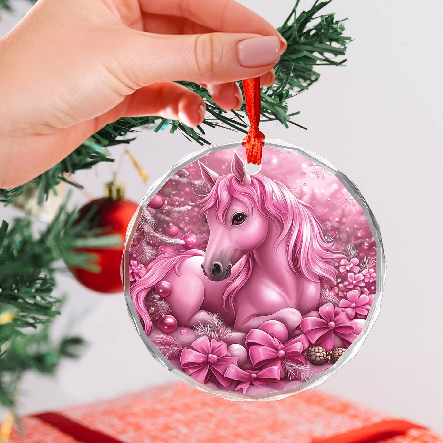 Horse Pink Christmas Design 2 Glass Ornament