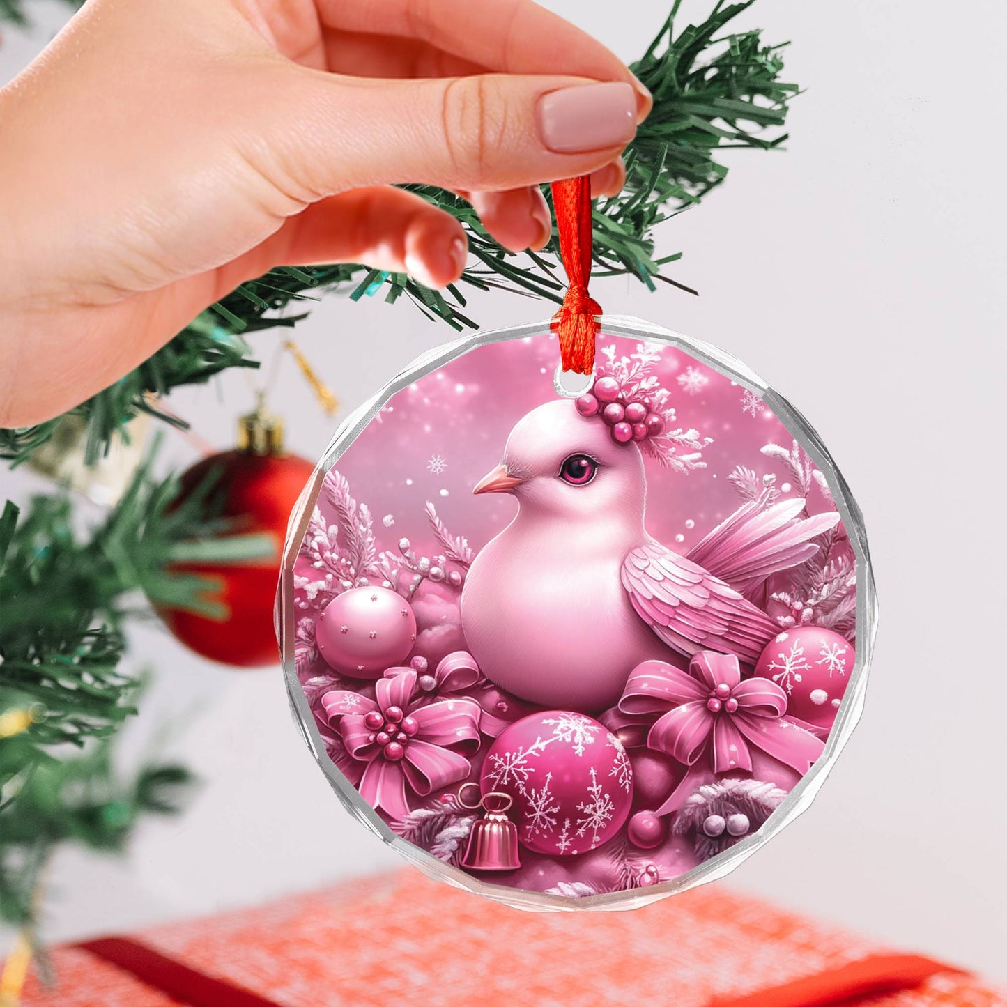 Dove Pink Christmas Design 1 Glass Ornament