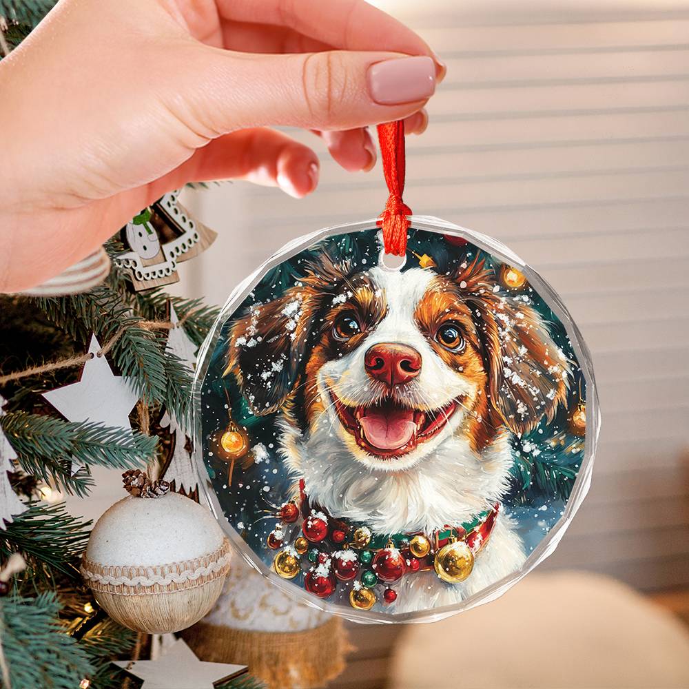 Beautiful Brittany Dog Christmas Night Design 4 Glass Ornament
