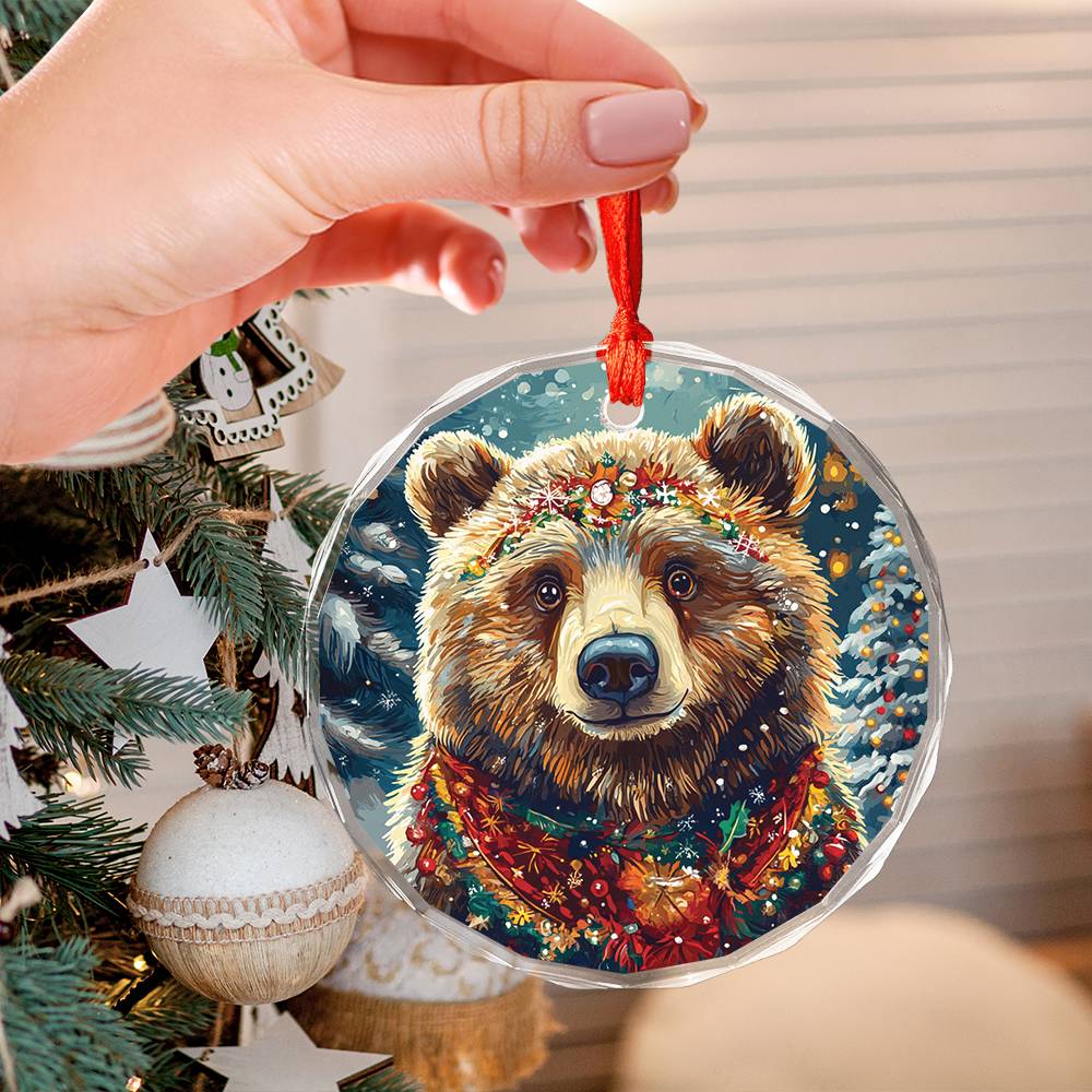 Beautiful Angus Grizzly Bear Christmas Night Design 2 Glass Ornament