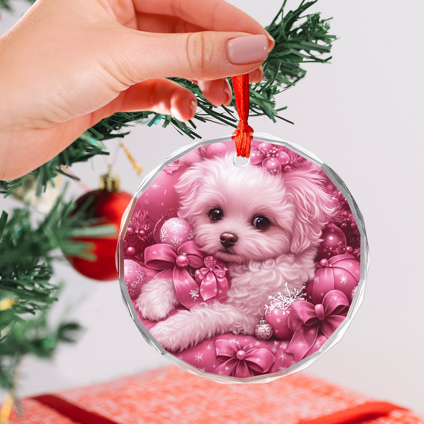 Bichon Frise Dog Pink Christmas Design 3 Glass Ornament