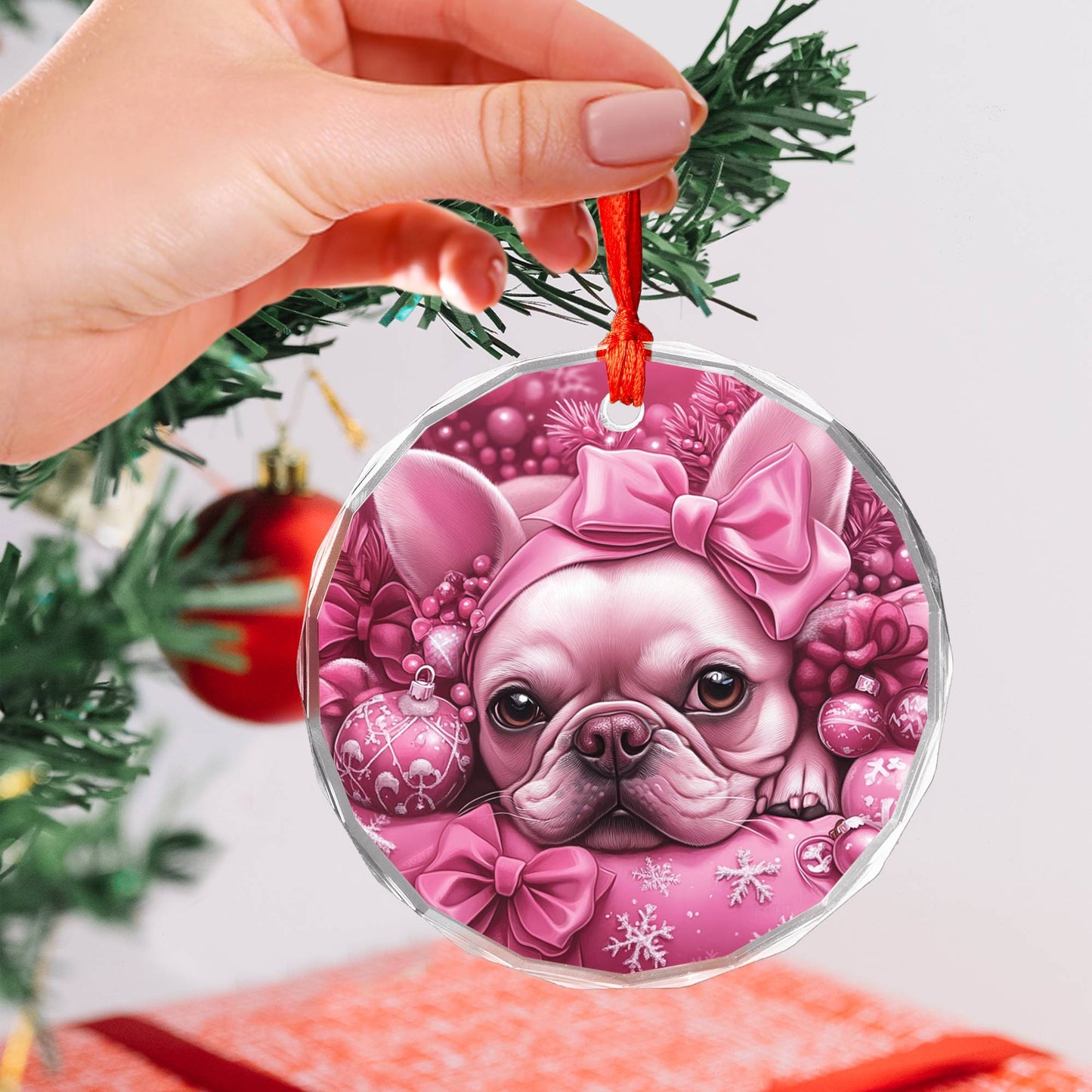 French Bulldog Pink Christmas Design 4 Glass Ornament