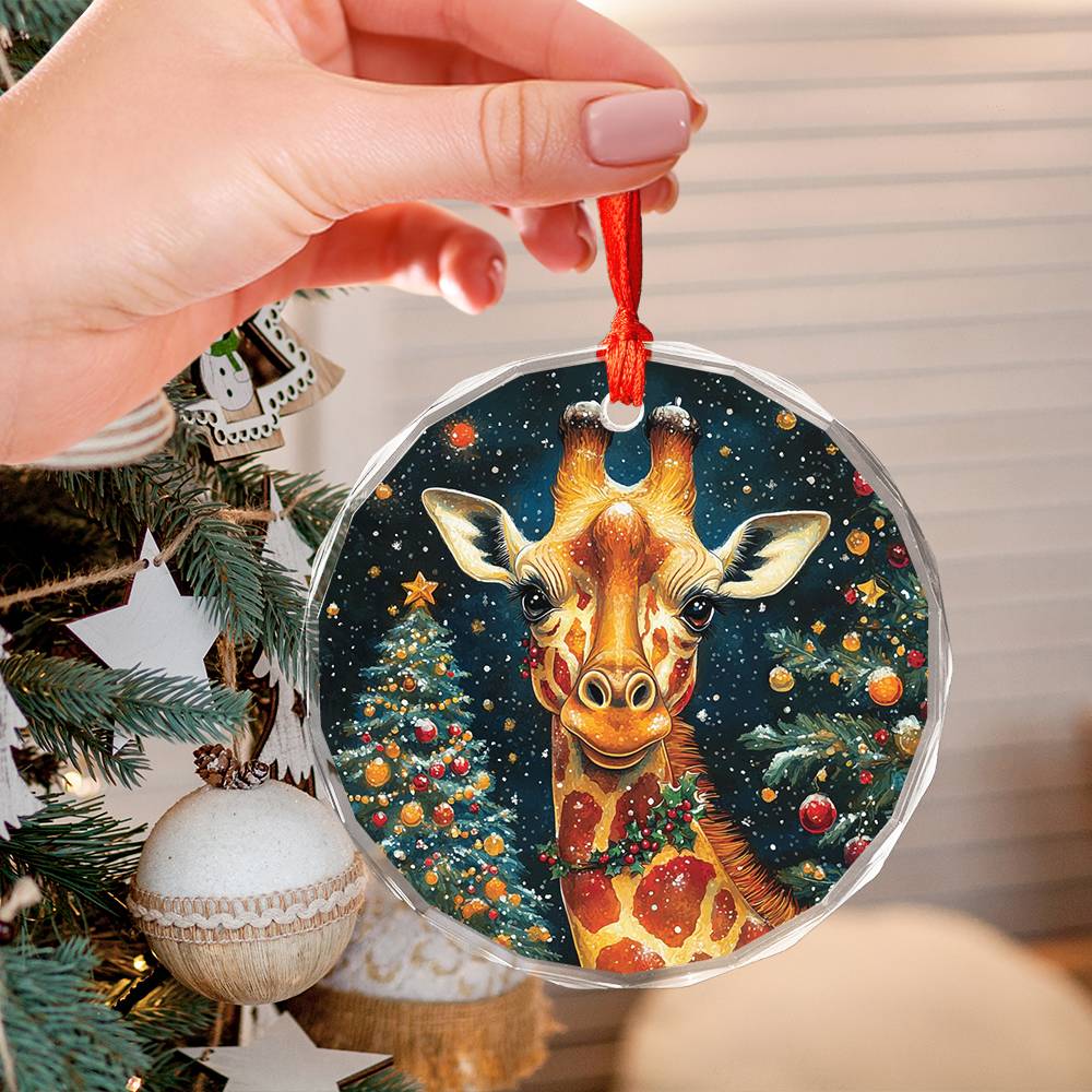 Beautiful Giraffe Christmas Night Design 2 Glass Ornament