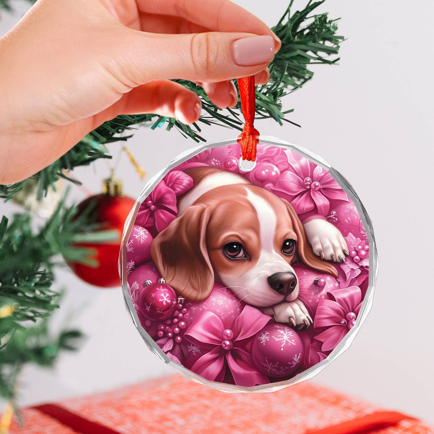 Beagle Dog Pink Christmas Design 3 Glass Ornament
