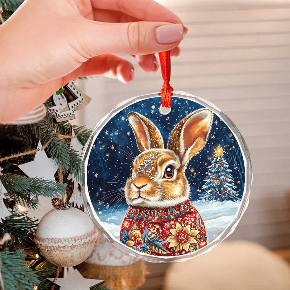 Beautiful Rabbit Christmas Night Design 4 Glass Ornament