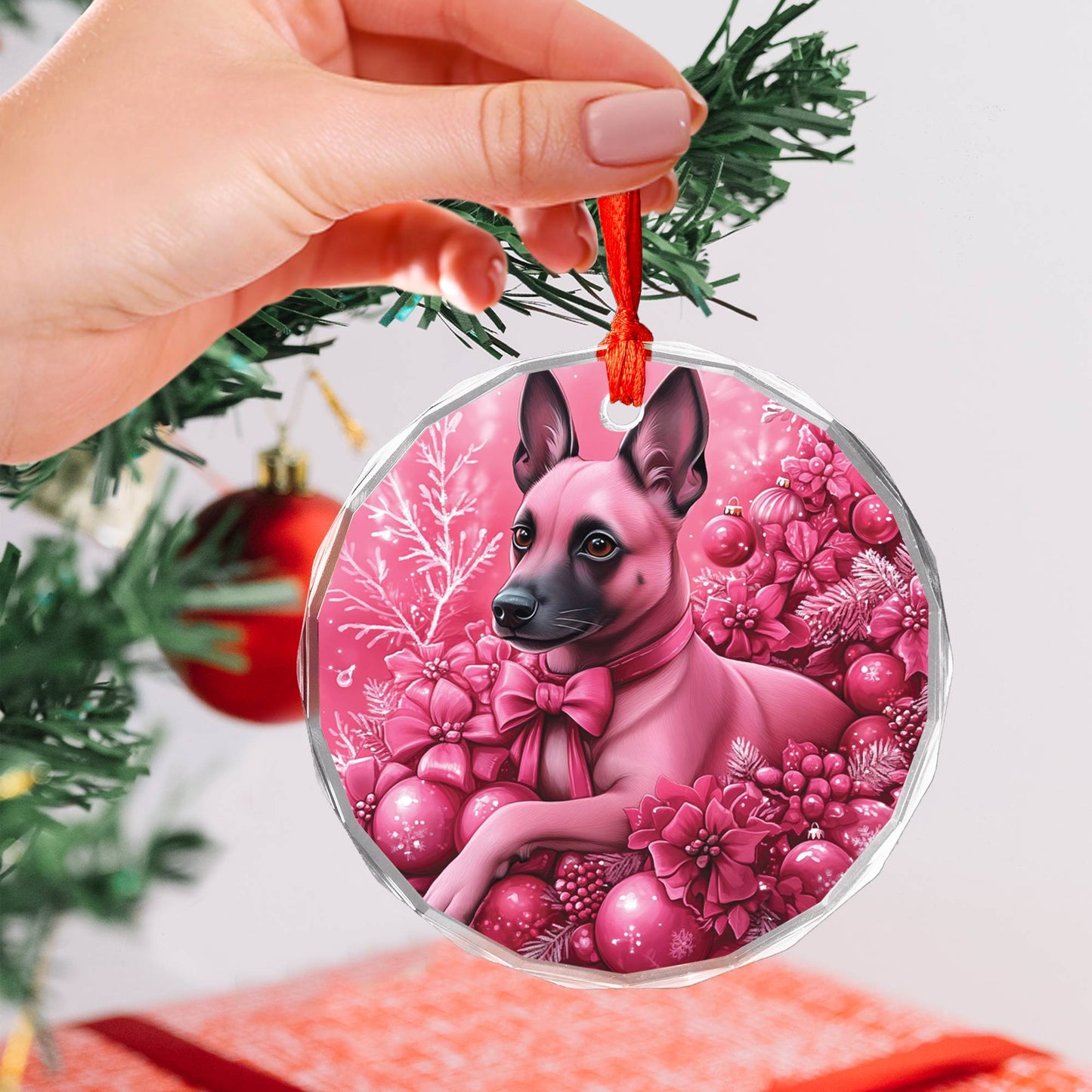Belgian Malinoi Dog Pink Christmas Design 2 Glass Ornament