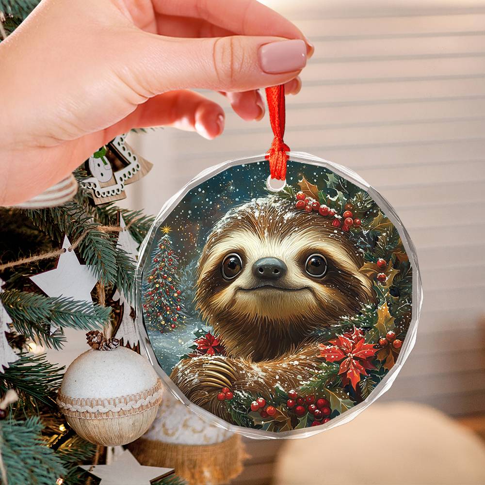 Beautiful Angus Sloth Christmas Night Design 3 Glass Ornament