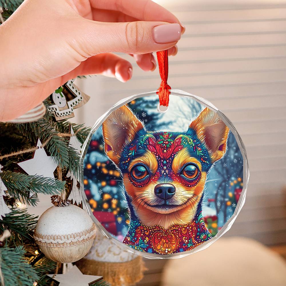 Beautiful Chihuahua Dog Christmas Night Design 4 Glass Ornament