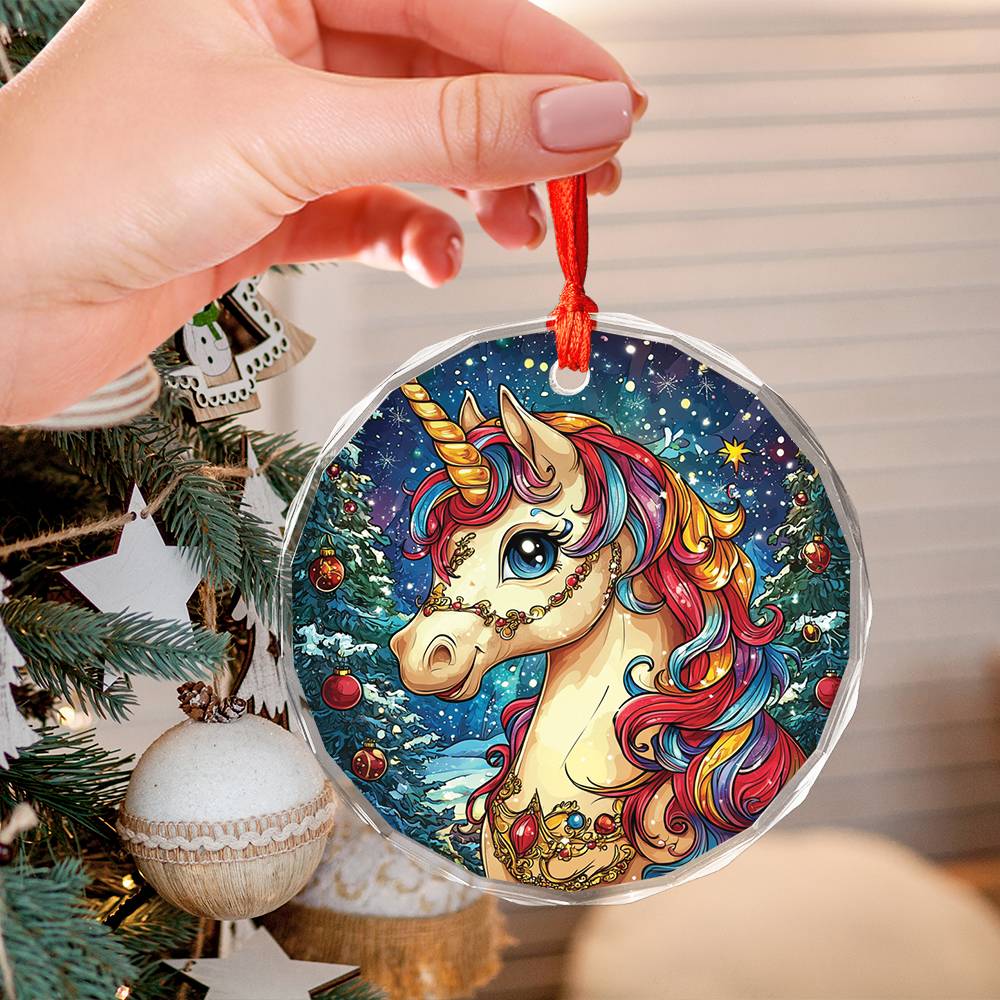 Beautiful Angus Unicorn Christmas Night Design 4 Glass Ornament