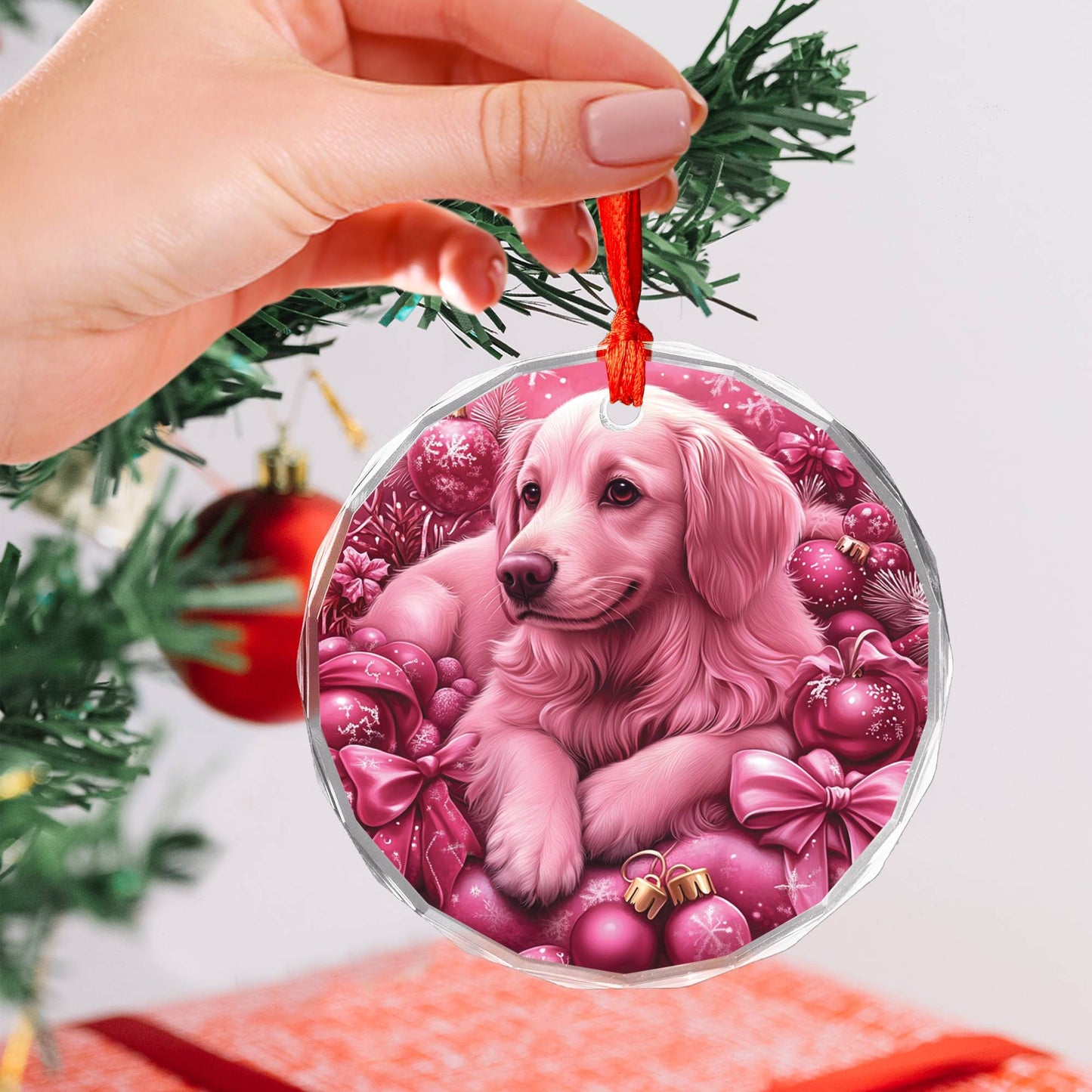 Golden Retriever Dog Pink Christmas Design 1 Glass Ornament
