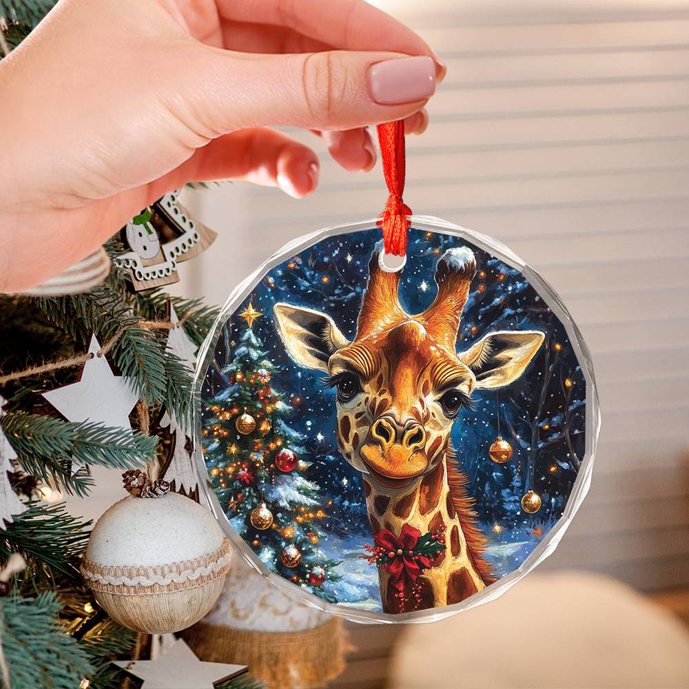 Beautiful Giraffe Christmas Night Design 4 Glass Ornament