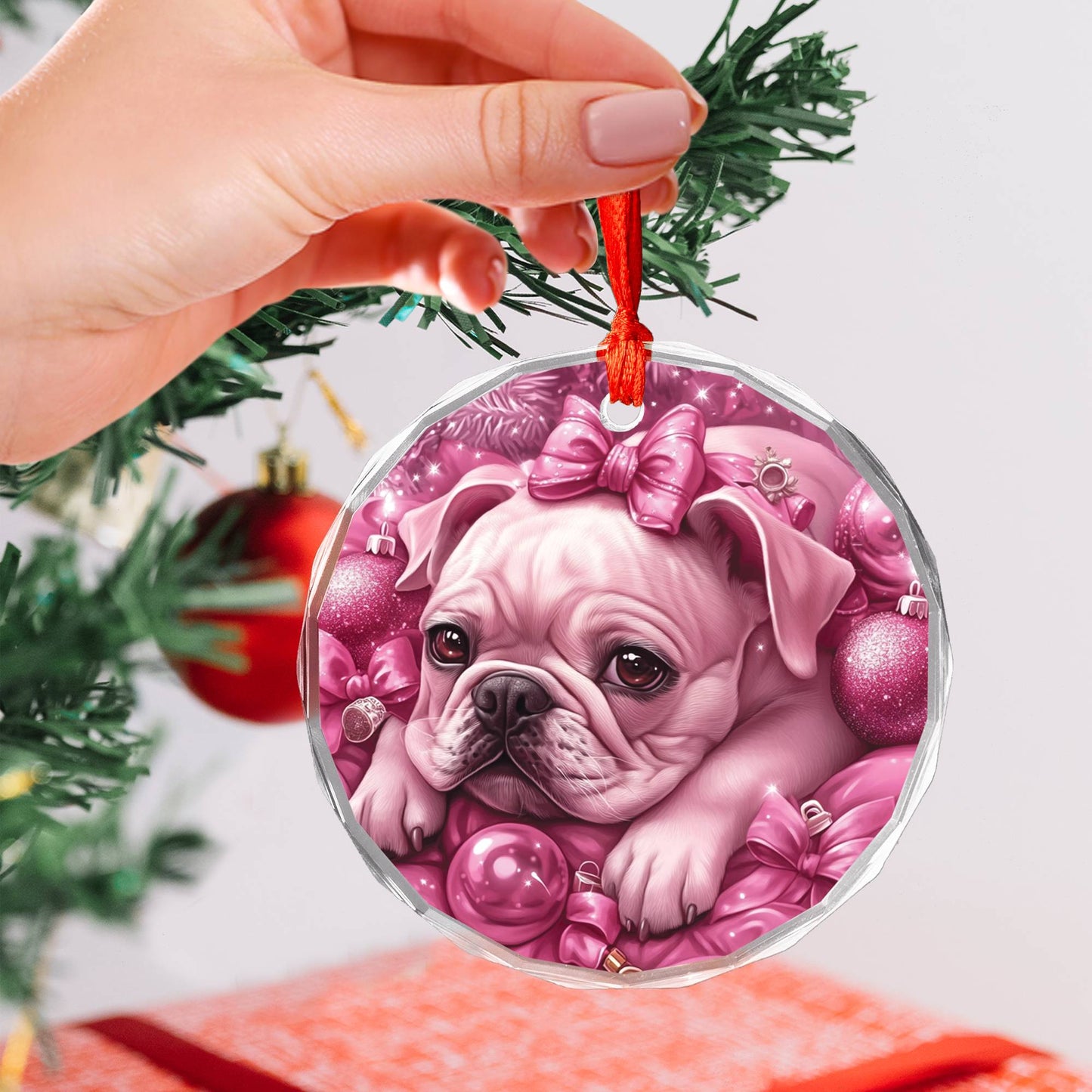 Bulldog Pink Christmas Design 1 Glass Ornament