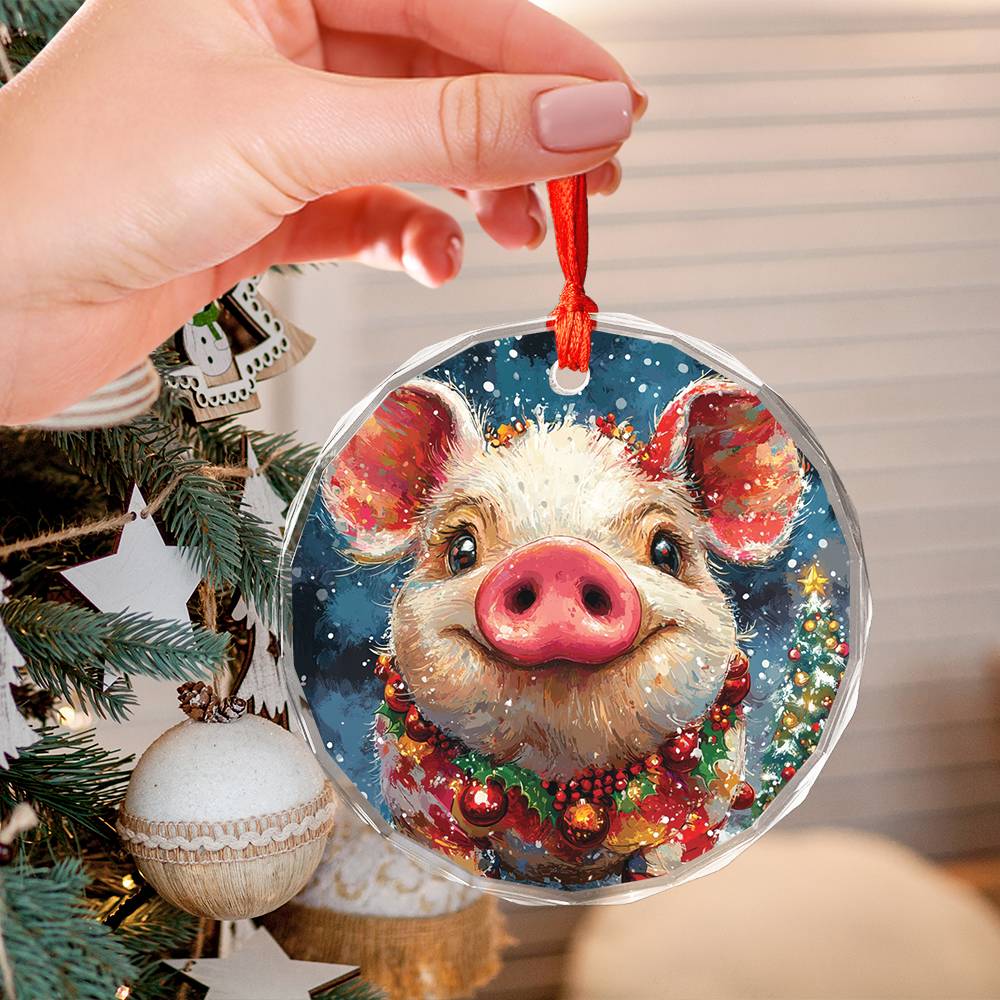 Beautiful Pig Christmas Night Design 2 Glass Ornament