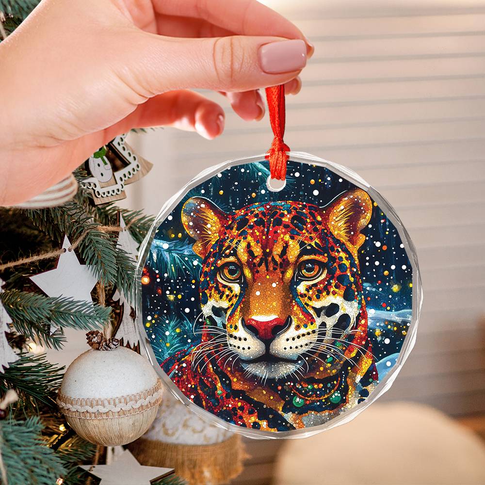 Beautiful Jaguar Christmas Night Design 4 Glass Ornament