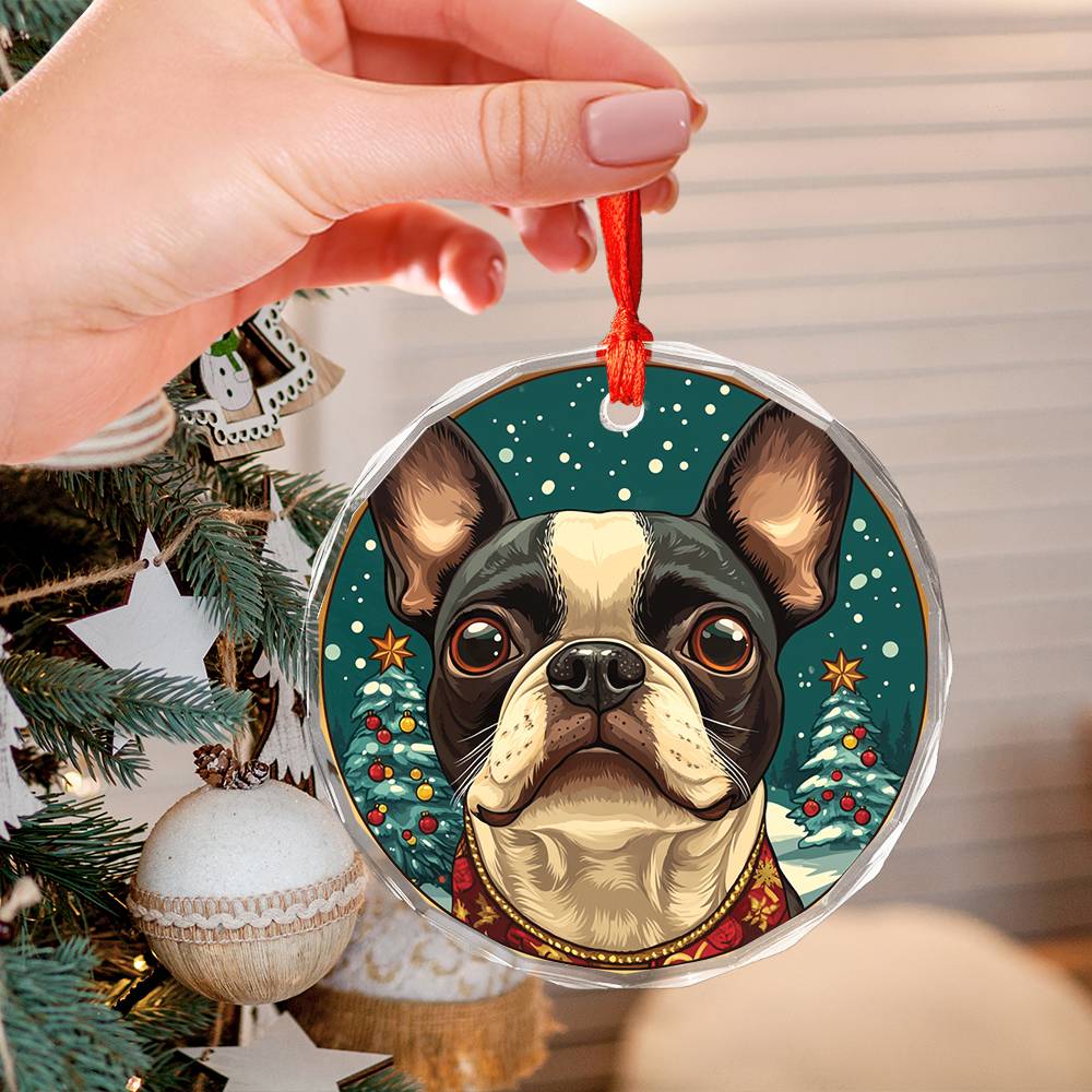 Beautiful Boston Terrier Dog Christmas Night Design 4 Glass Ornament