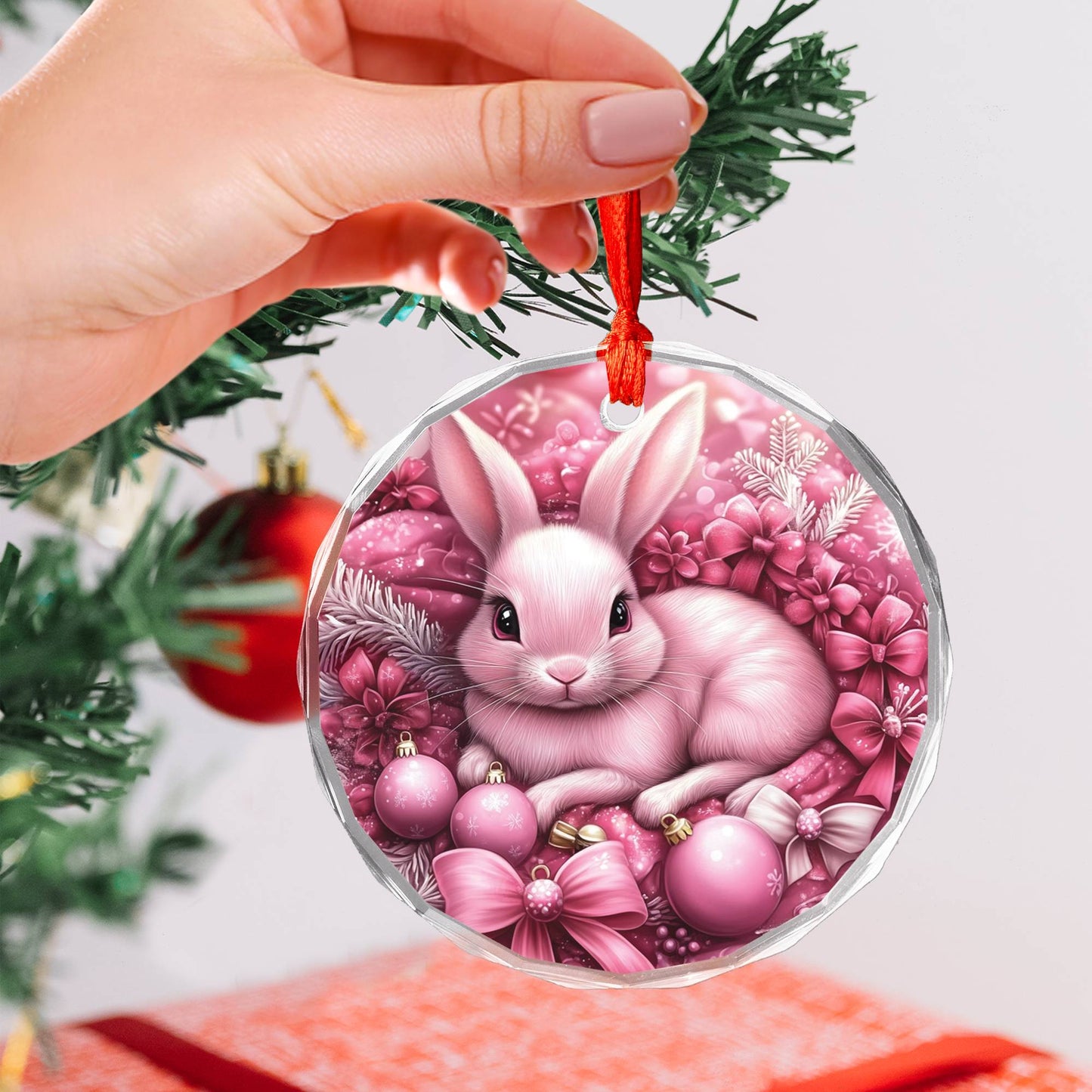 Rabbit Pink Christmas Design 1 Glass Ornament