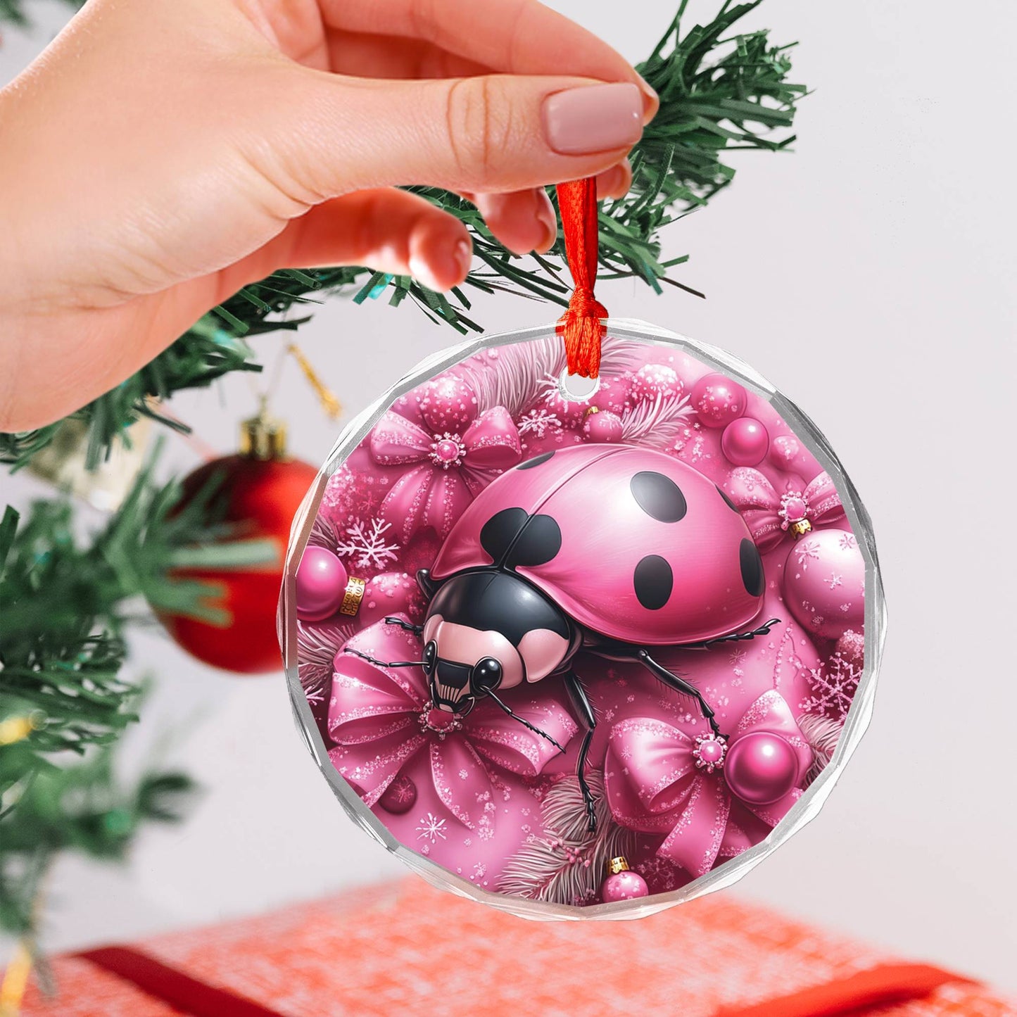 Ladybug Pink Christmas Design 3 Glass Ornament