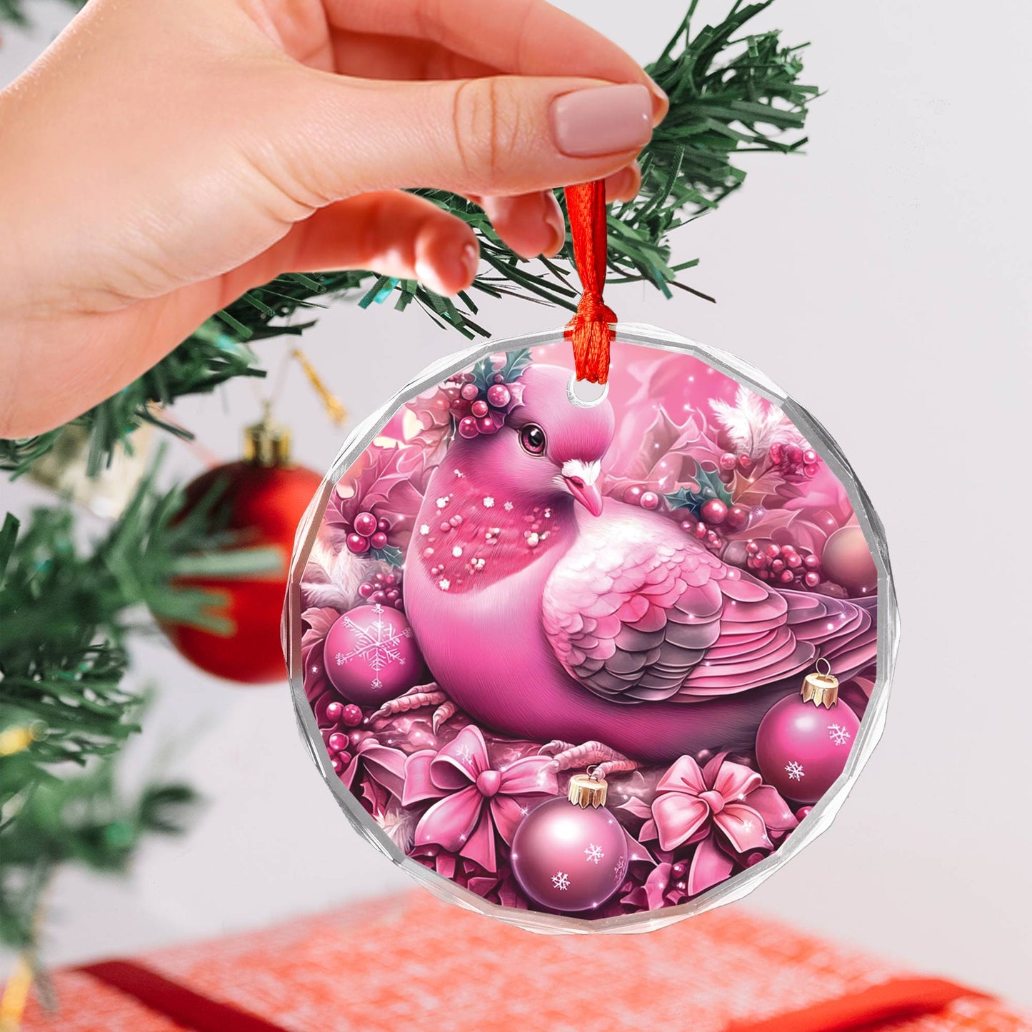 Pigeon Pink Christmas Design 1 Glass Ornament