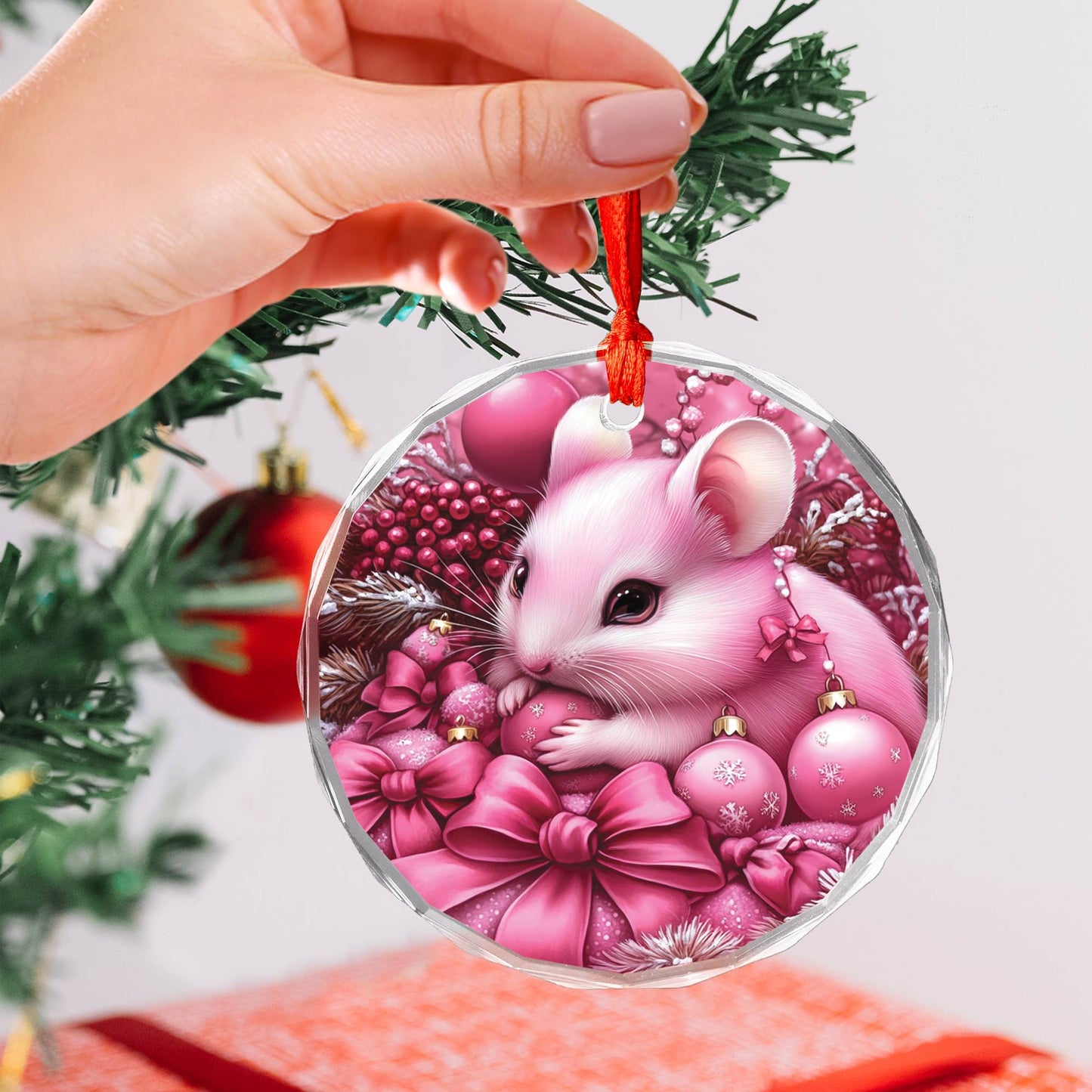 Hamster Pink Christmas Design 4 Glass Ornament
