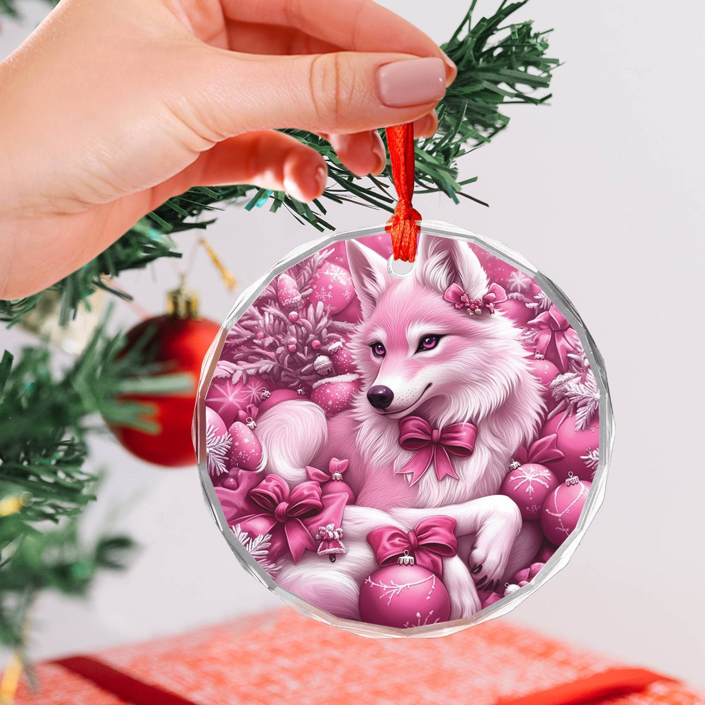 Wolf Pink Christmas Design 4 Glass Ornament