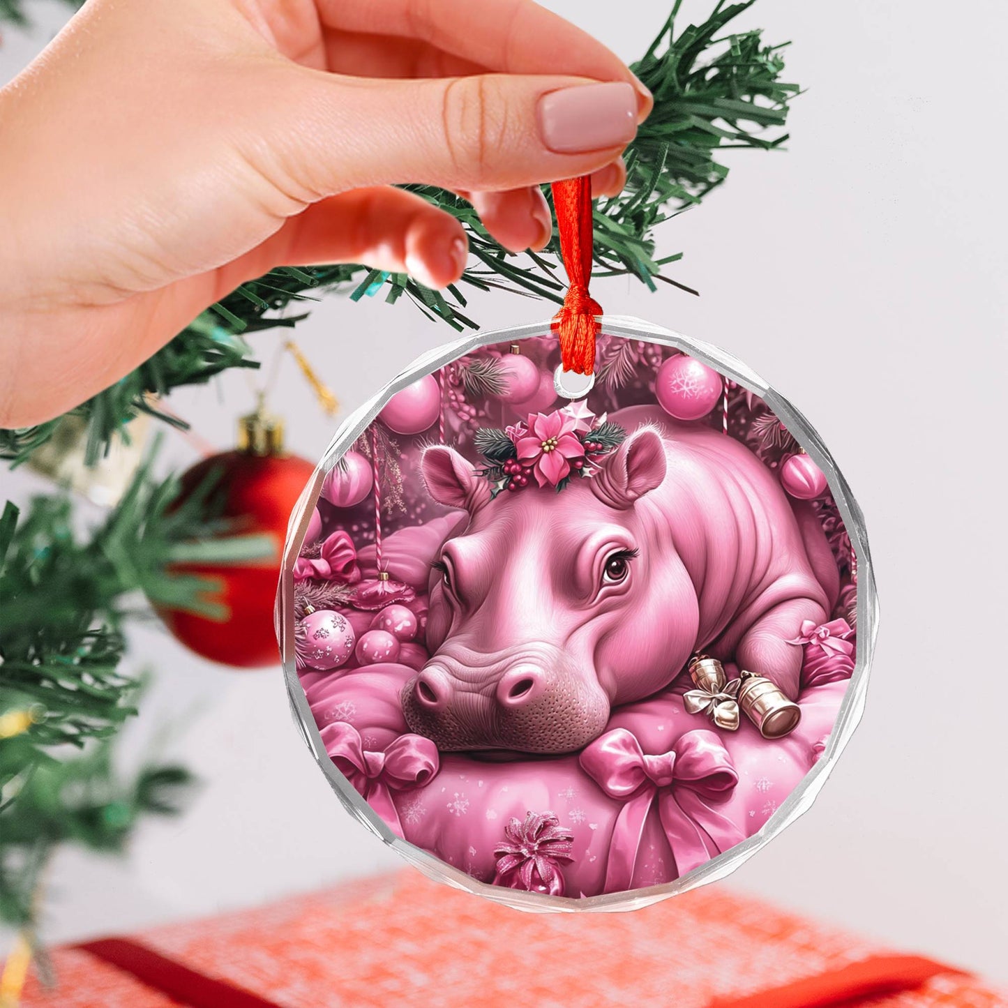 Hippo Pink Christmas Design 3 Glass Ornament