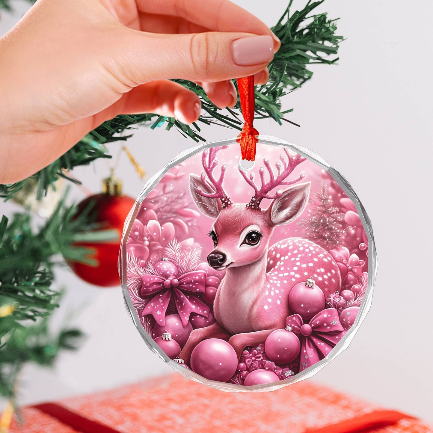 Deer Pink Christmas Design 3 Glass Ornament