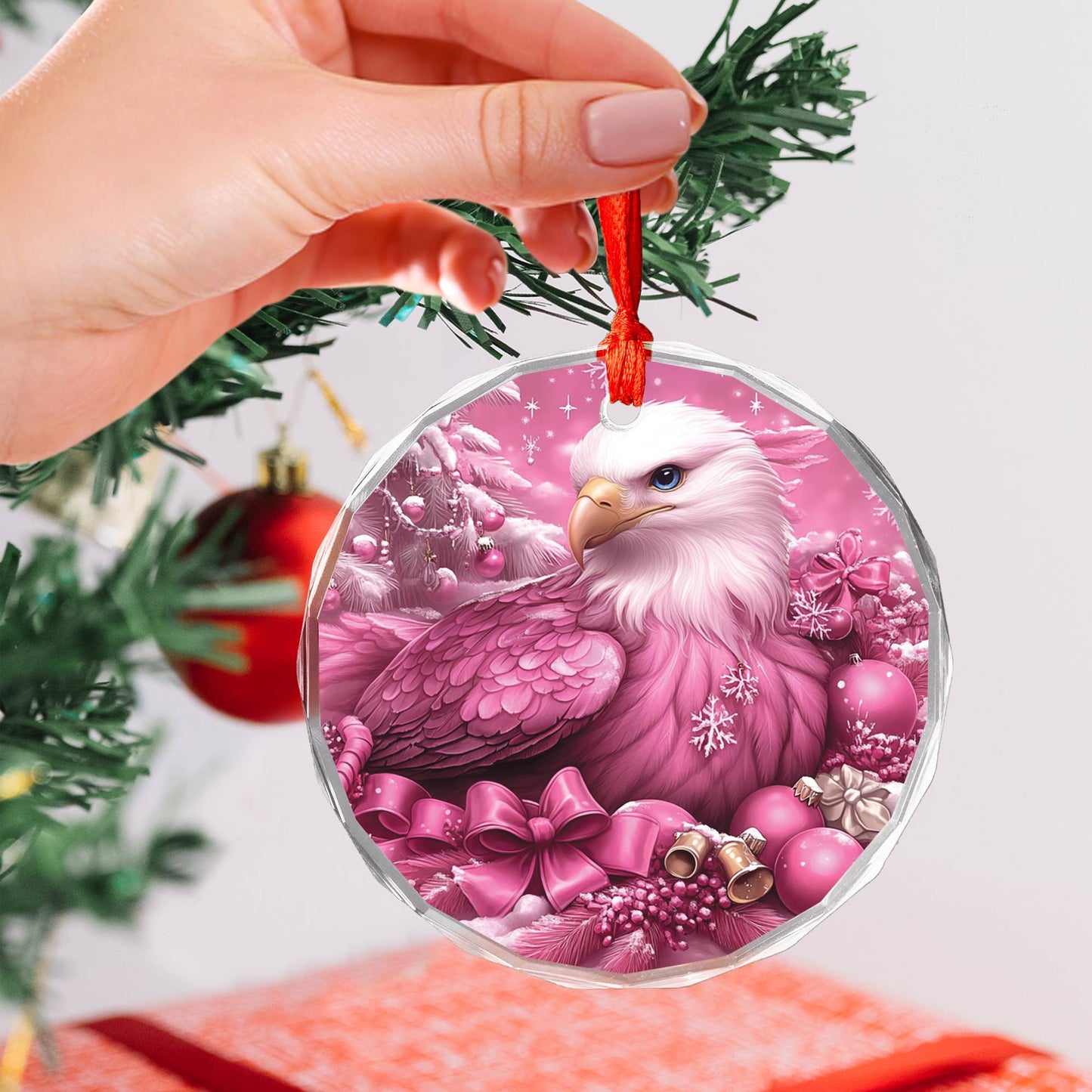 Eagle Pink Christmas Design 1 Glass Ornament