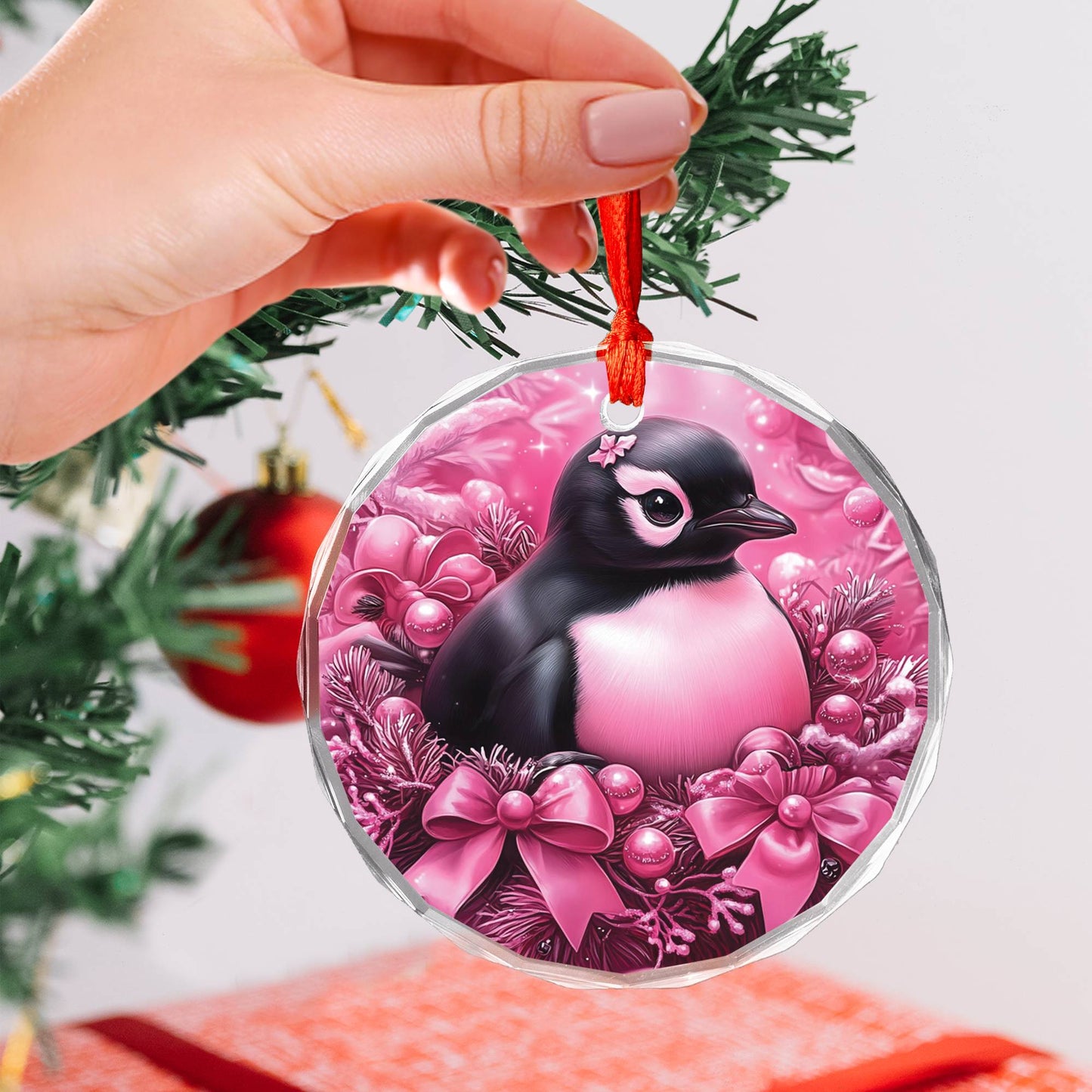 Penguin Pink Christmas Design 3 Glass Ornament