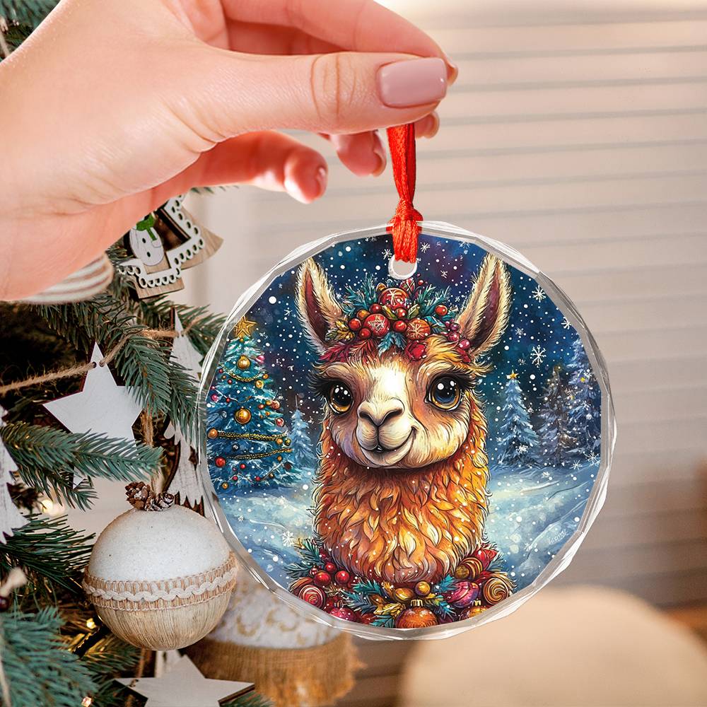 Beautiful Llama Christmas Night Design 3 Glass Ornament