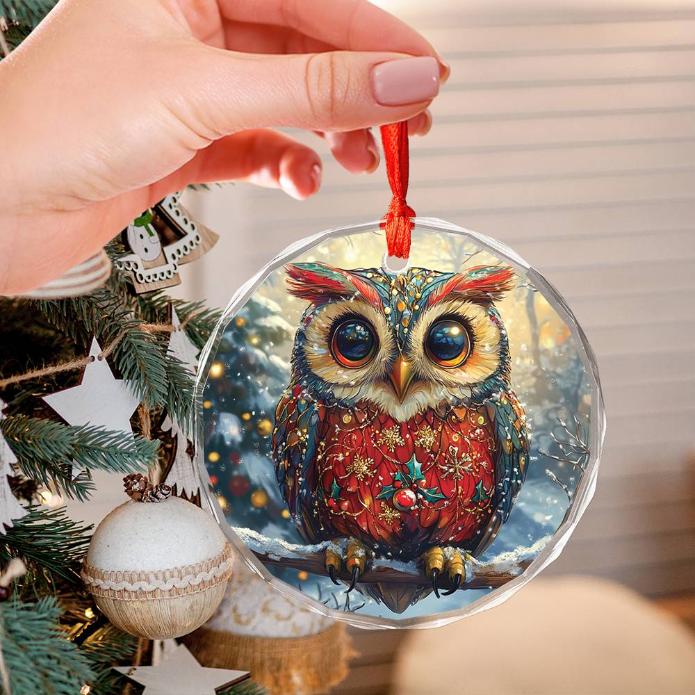 Beautiful Owl Christmas Night Design 1 Glass Ornament