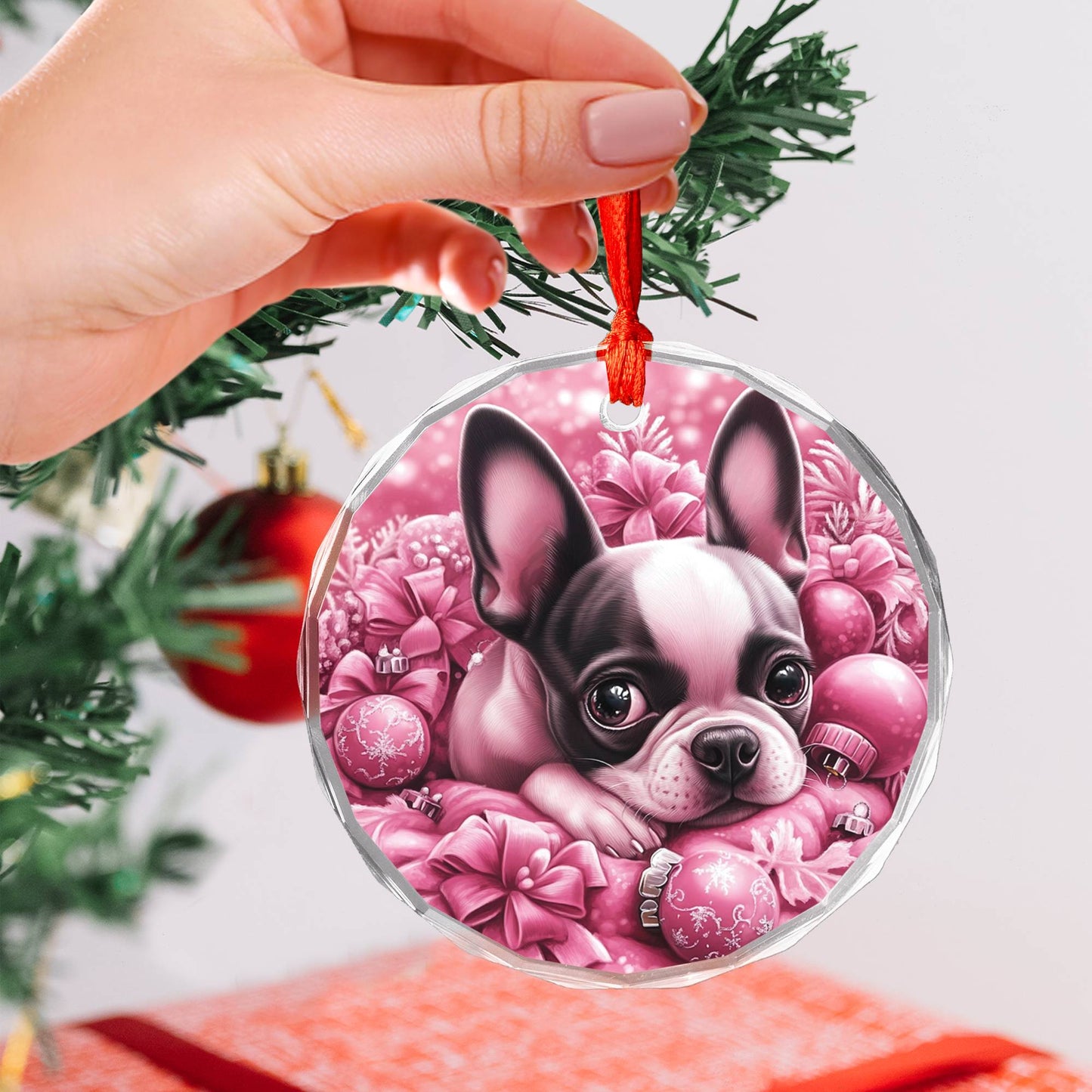 Boston Terrier Dog Pink Christmas Design 2 Glass Ornament