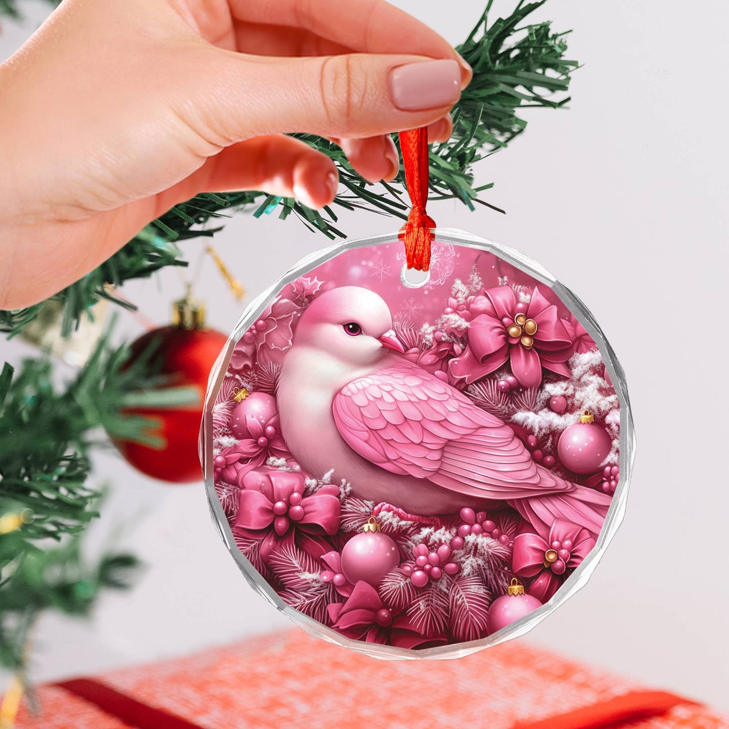 Dove Pink Christmas Design 3 Glass Ornament