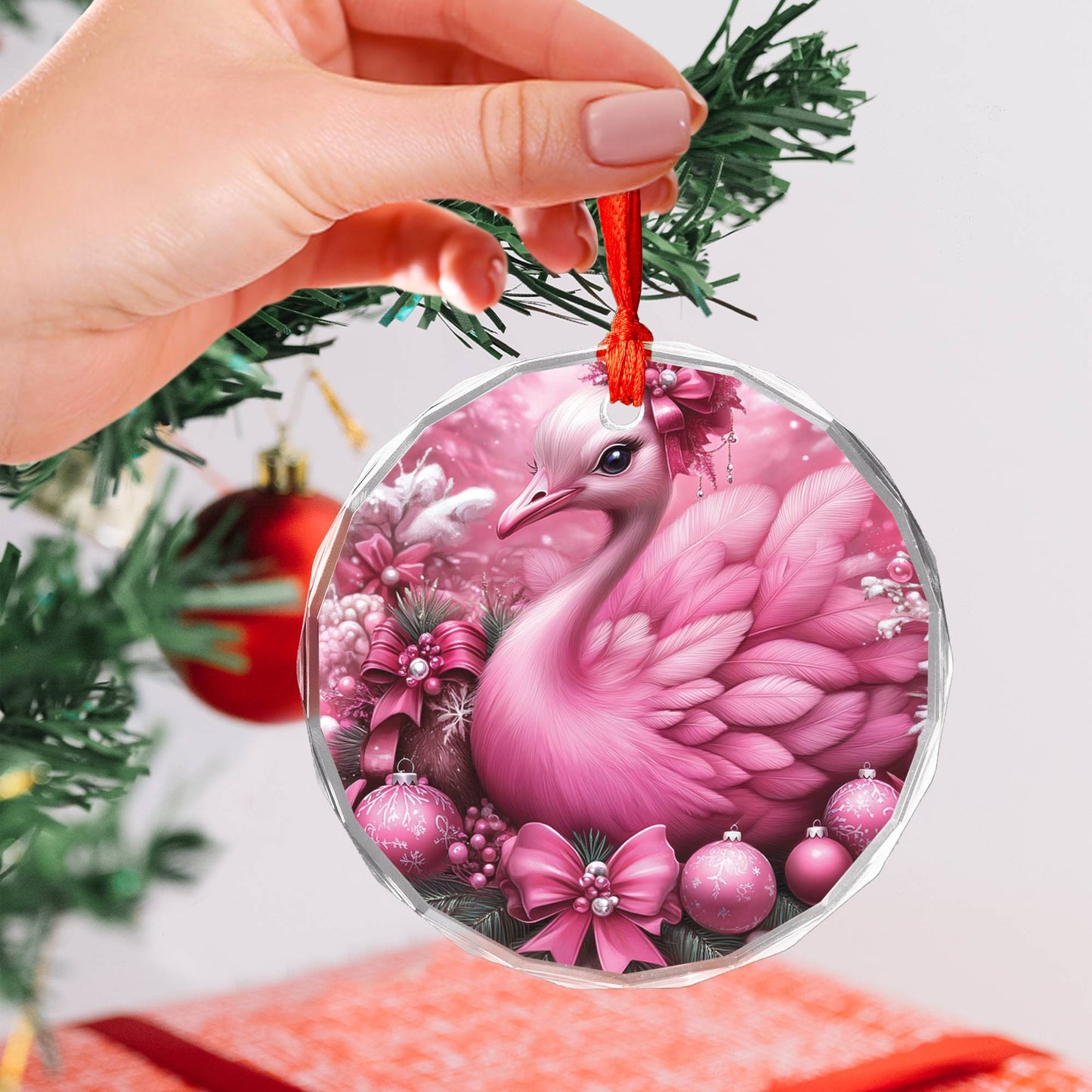 Ostrich Pink Christmas Design 4 Glass Ornament