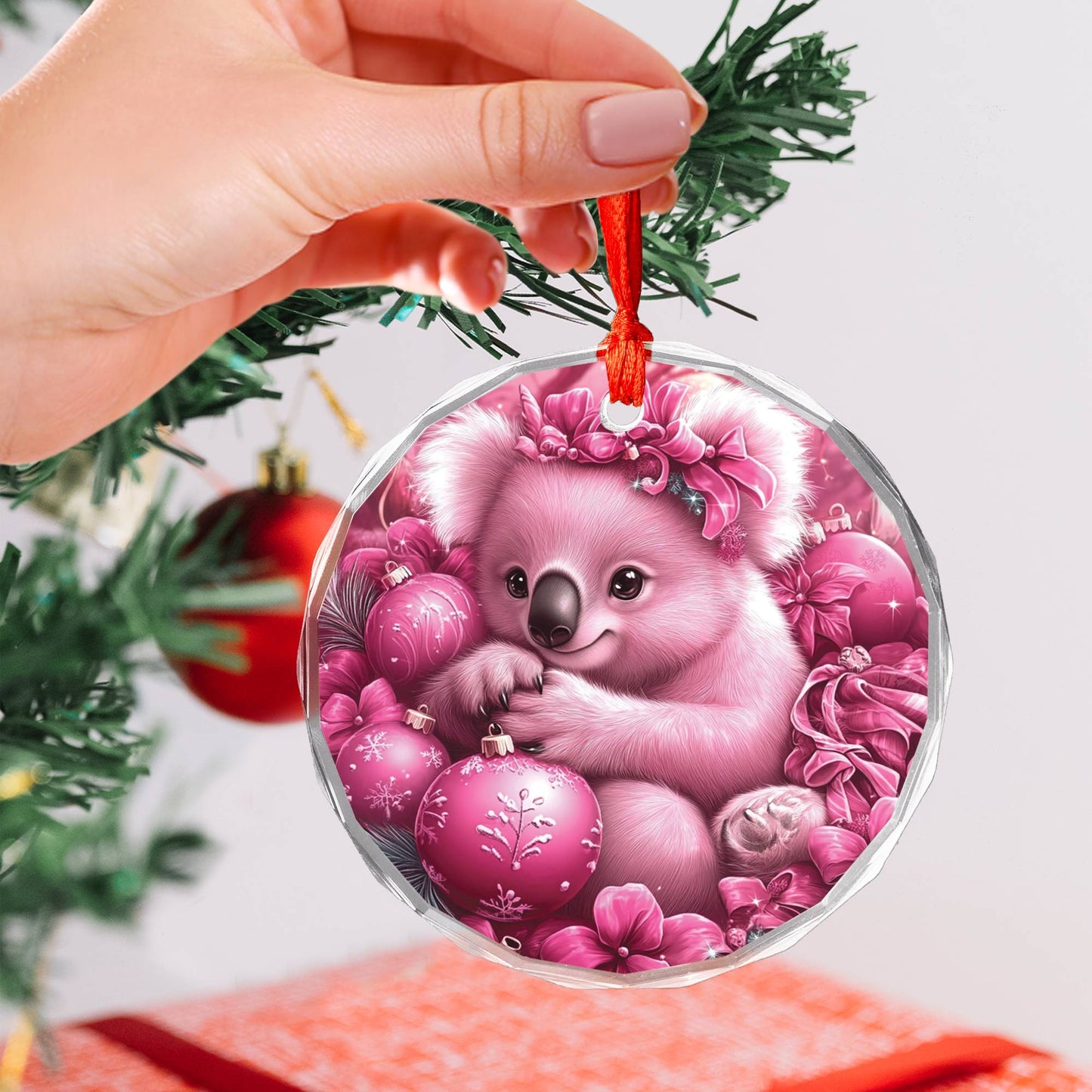 Koala Pink Christmas Design 3 Glass Ornament