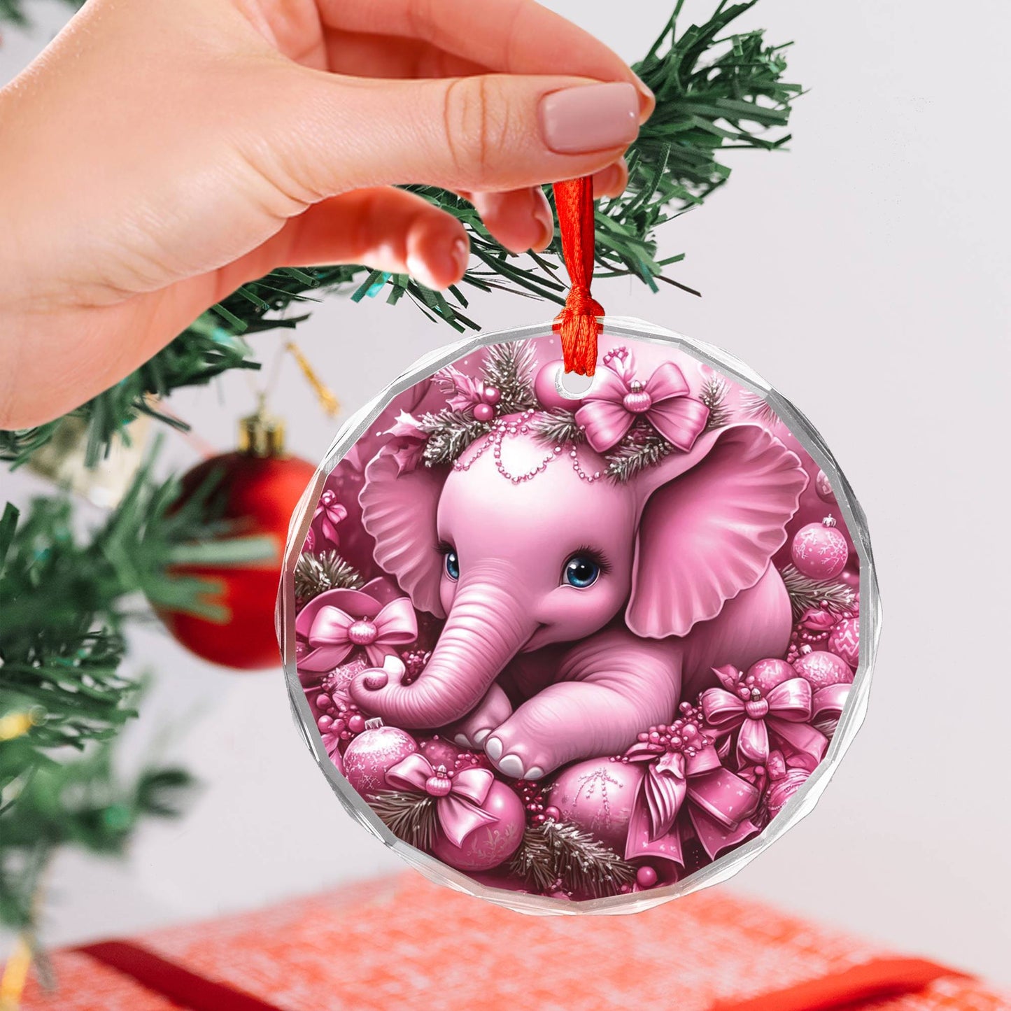 Elephant Pink Christmas Design 2 Glass Ornament