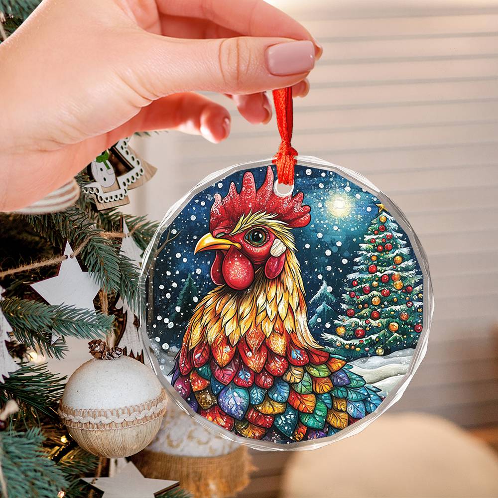 Beautiful Rooster Christmas Night Design 2 Glass Ornament