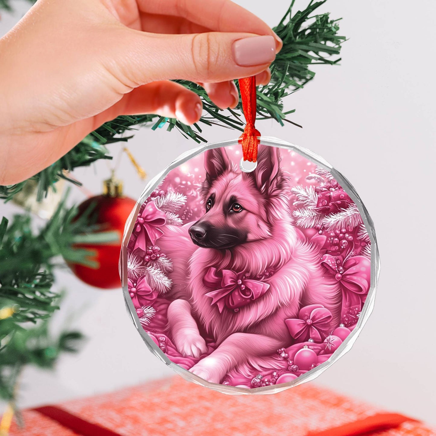 German Shepherd Dog Pink Christmas Design 2 Glass Ornament