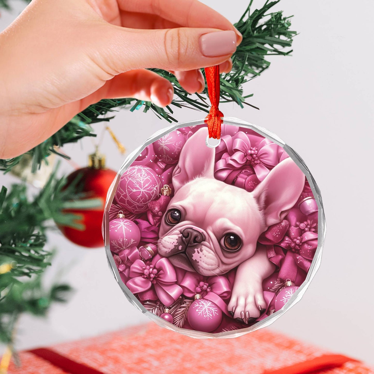 French Bulldog Pink Christmas Design 3 Glass Ornament