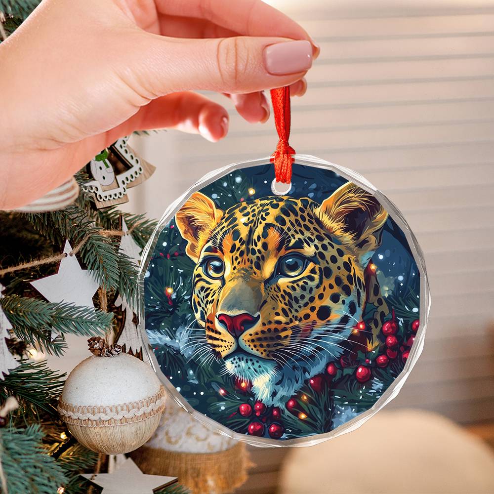 Beautiful Leopard Christmas Night Design 4 Glass Ornament