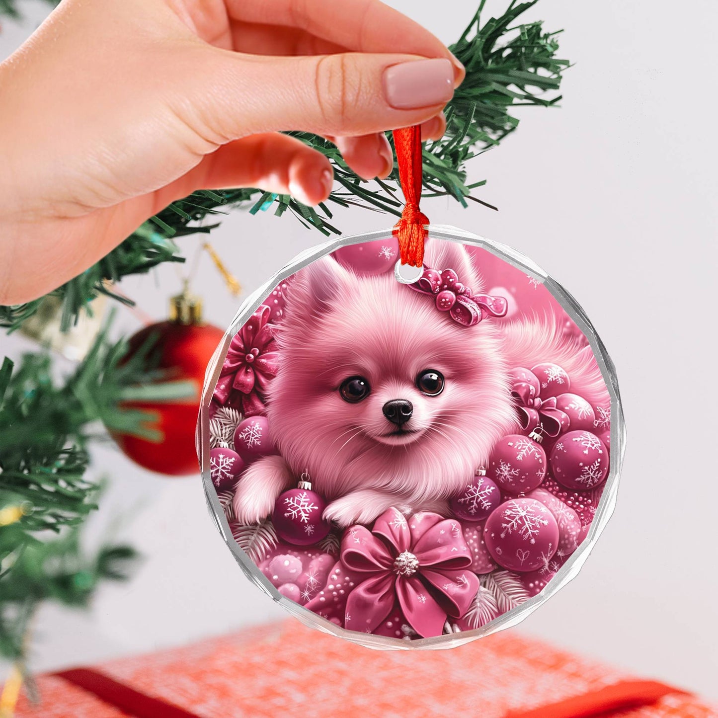 Pomeranian Dog Pink Christmas Design 2 Glass Ornament