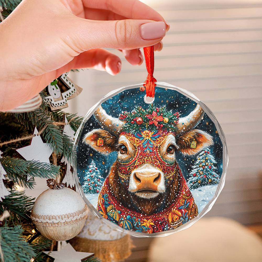 Beautiful Bull Christmas Night Design 4 Glass Ornament