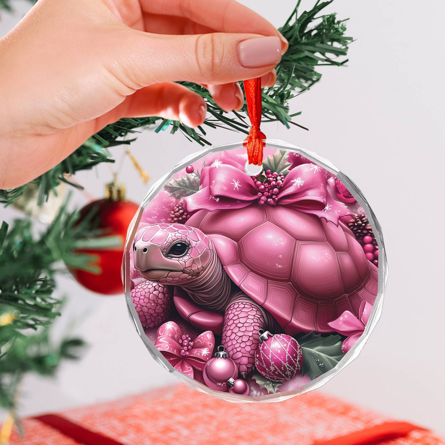 Tortoise Pink Christmas Design 2 Glass Ornament