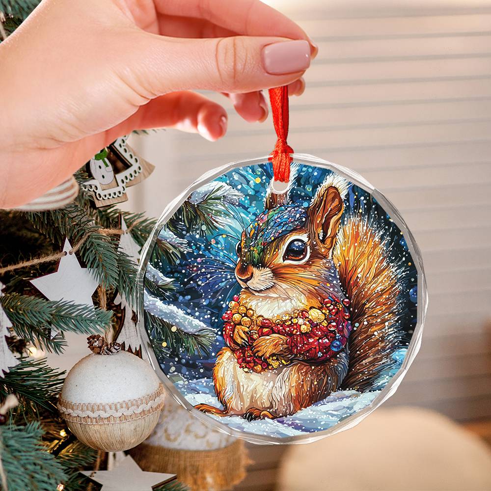 Beautiful Angus Squirrel Christmas Night Design 2 Glass Ornament