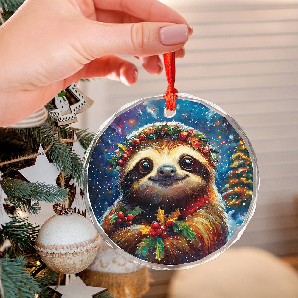 Beautiful Angus Sloth Christmas Night Design 1 Glass Ornament