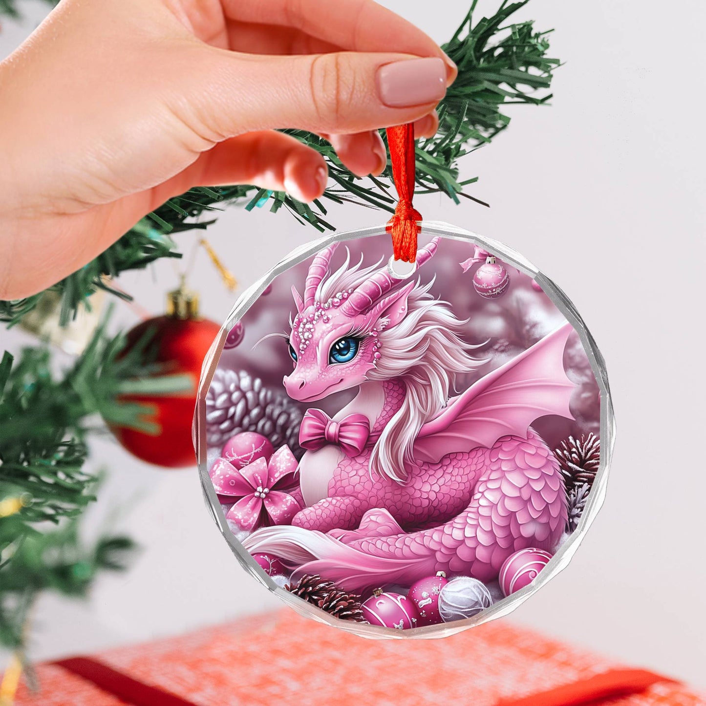 Dragon Pink Christmas Design 2 Glass Ornament