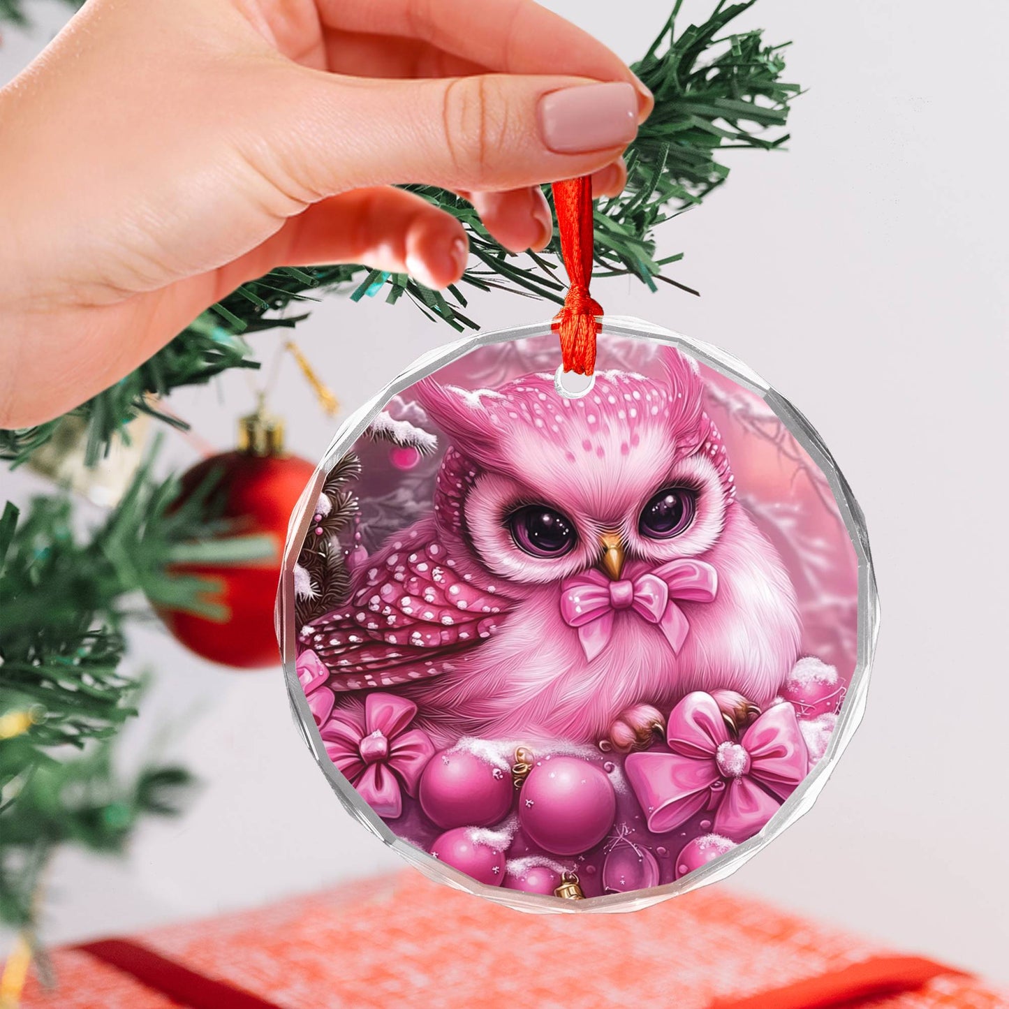 Owl Pink Christmas Design 2 Glass Ornament