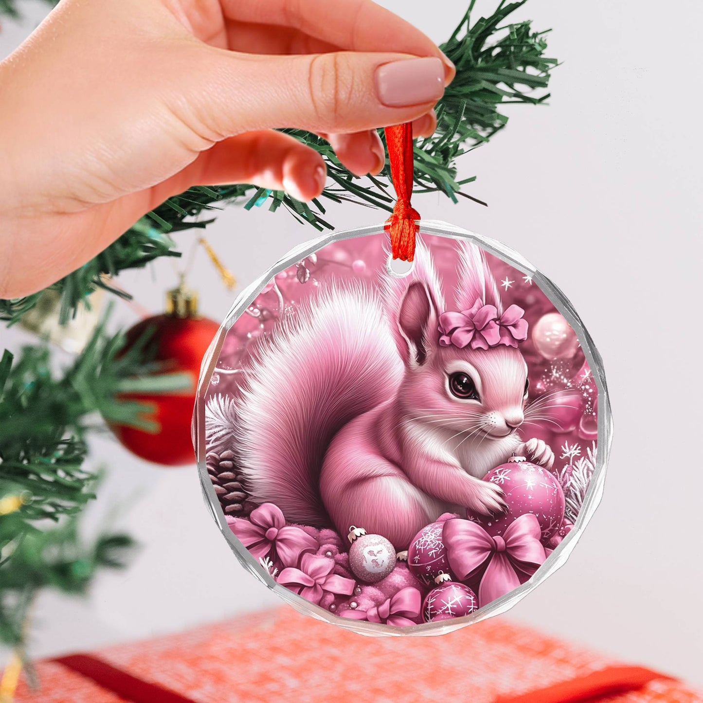 Squirrel Pink Christmas Design 1 Glass Ornament
