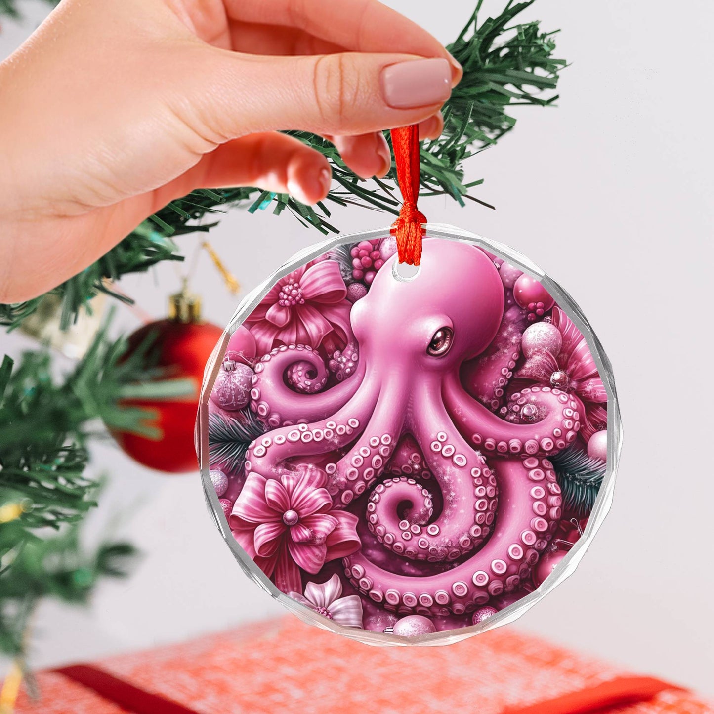 Octopus Pink Christmas Design 1 Glass Ornament